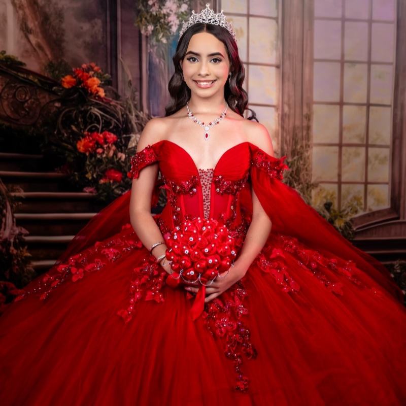 Red Quinceanera Dresses Off The Shoulder Applique Bow Beading Crystal Tull With Cape Party Birthday Sweet 16 Dress Vestidos 15 De Anos