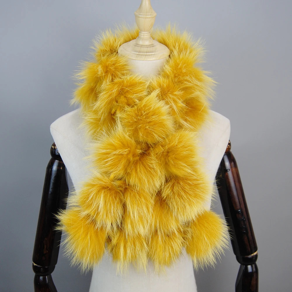 Style Fashion Women Real Raccoon Fur Scarves Pompom Lady Winter Warm Natural Fox Fur Scarf Fluffy Genuine Fur Muffler 250930