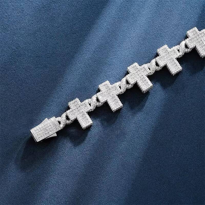 Luster Holy White Gold Plated 925 Sterling Silver Metal 16mm Cross Link Moissanite Cuban Bracelet