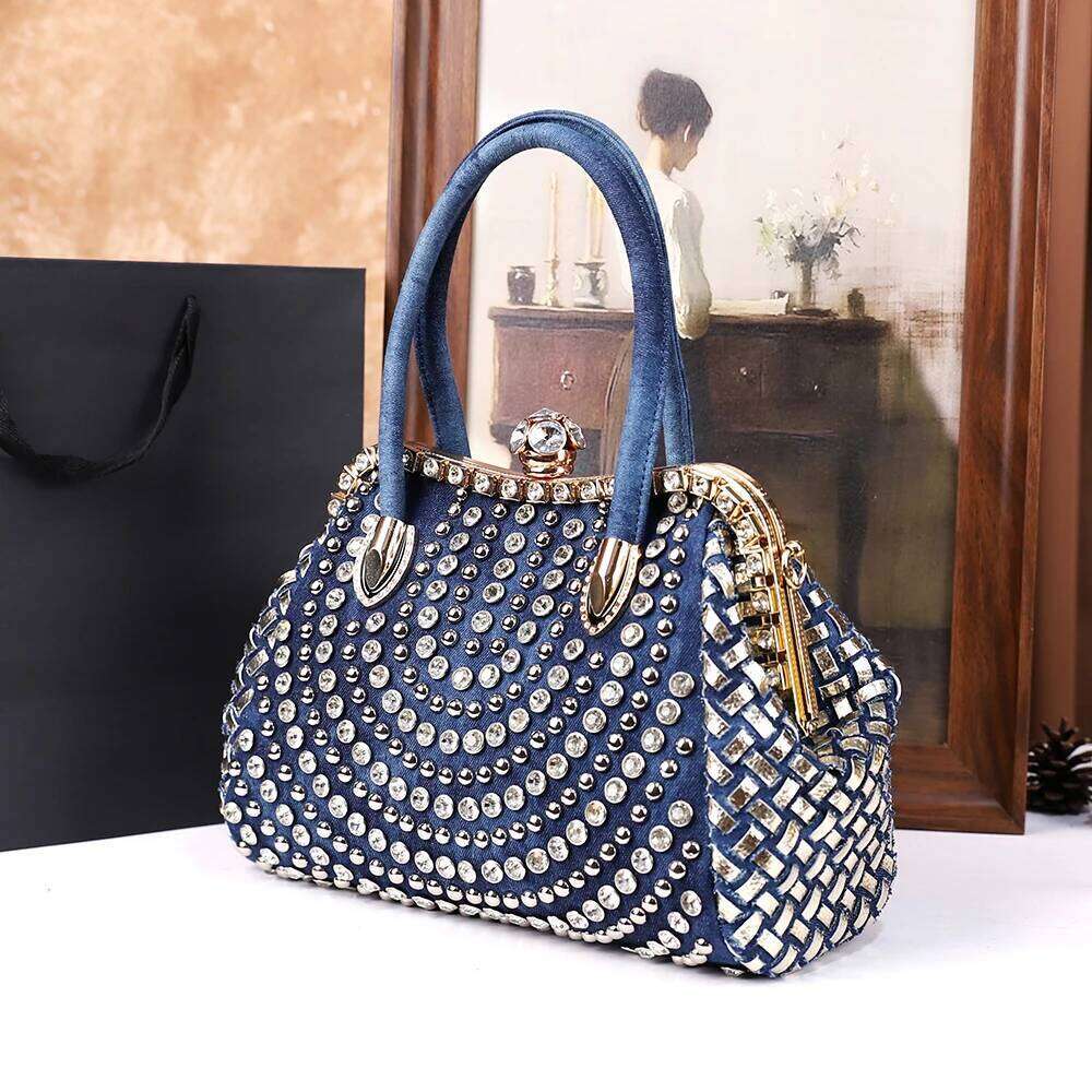 2025 New women's fashion washed denim tote bag, large-capacity elegant dia-encrusted single-shoulder crossbody bag