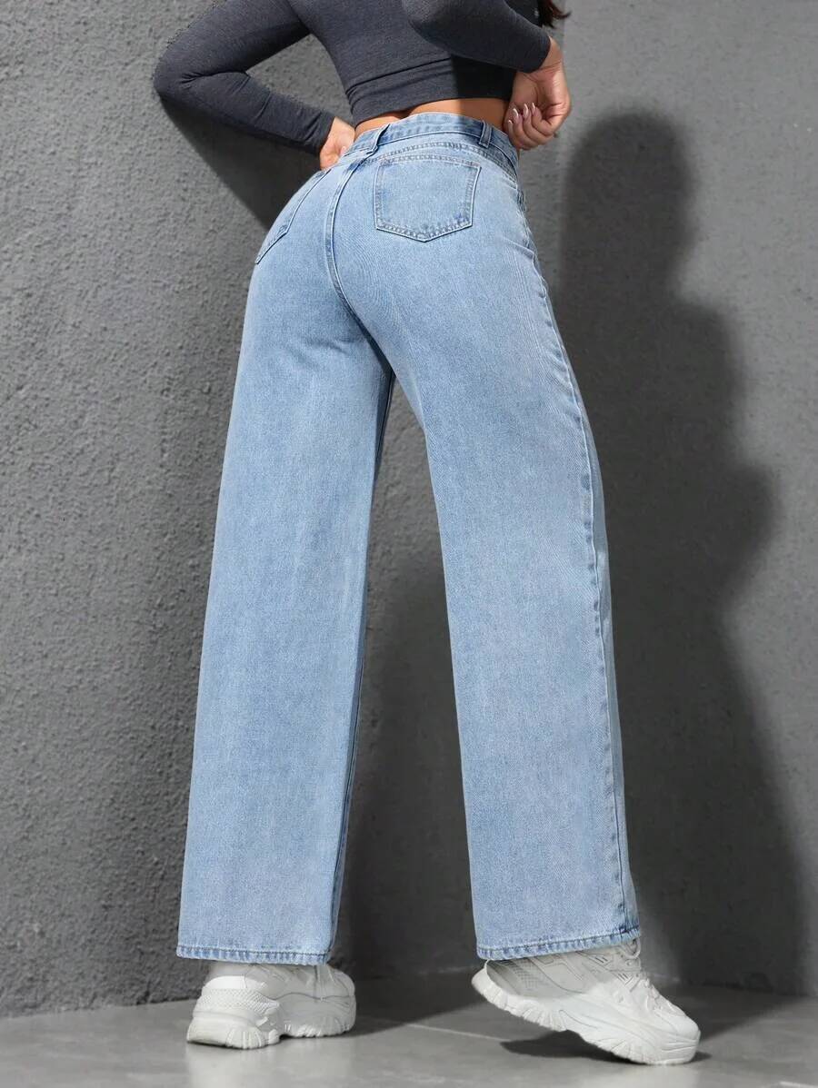 Retro Loose Wide Leg Jeans Fashion Women Solid Straight Wash High Elastic Waist Denim Pants Casual Streetwear Pocket Trousers dongdumaoyi