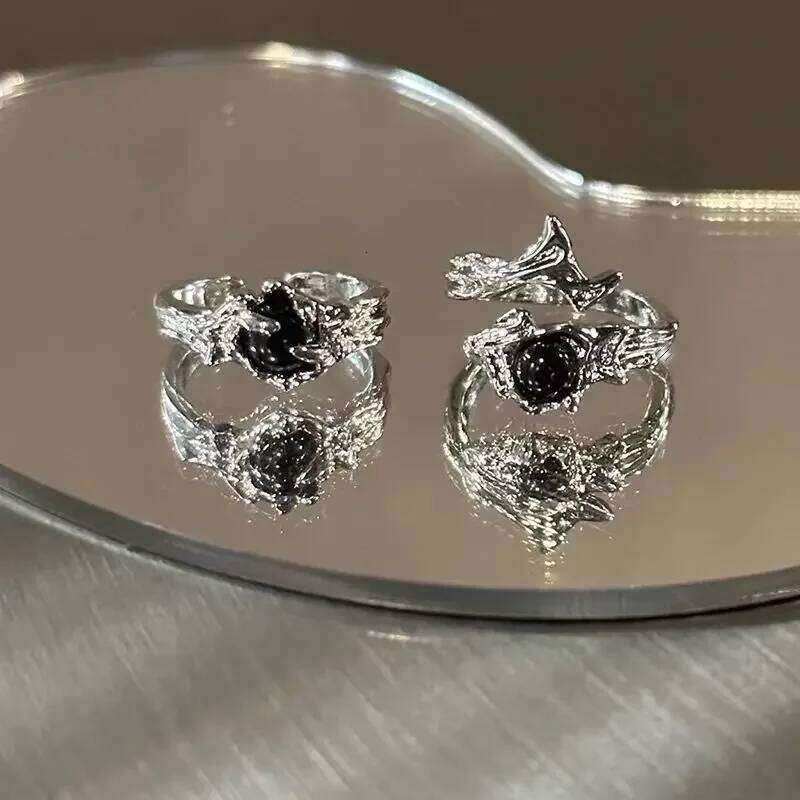 Gothic Irregular Gemstone Aesthetic Girls Adjustable Black Stone Women's Liquid Punk Ring Vintage Jewelry Accessories