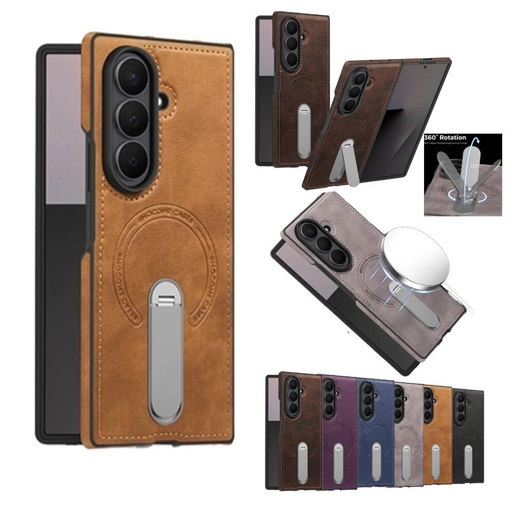Wireless Charging Magnetic Cover For Samsung Galaxy Z Fold 7 6 5 4 3 Leather Kickstand Bracket Phone Case Shockproof