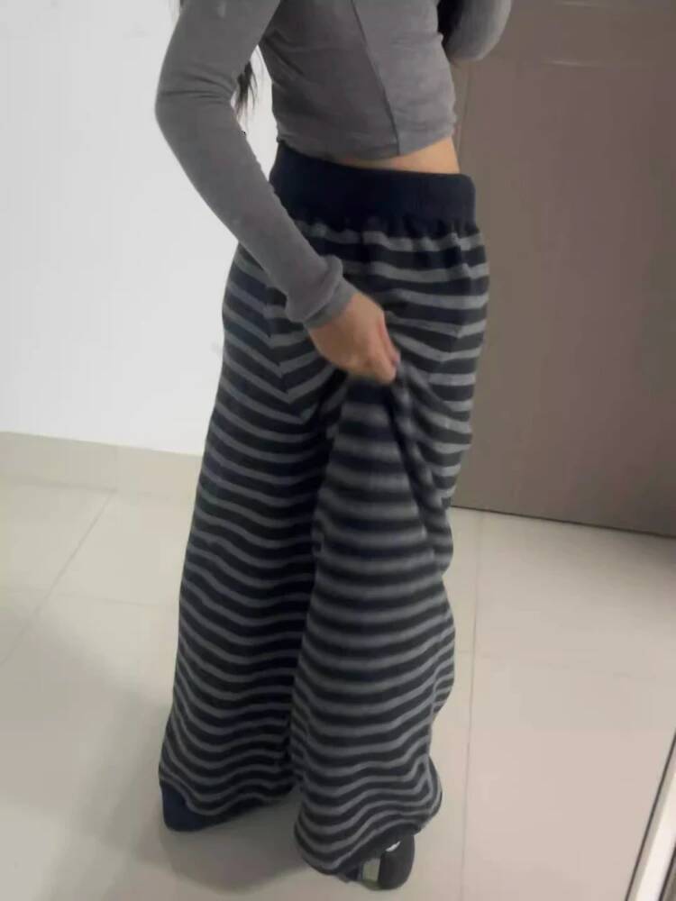 Contrast Color Stripe Wide Leg Trousers Vintage Grunge Loose Knitted Casual Pant Y2k Aesthetic Women Straight Pants dongdumaoyi