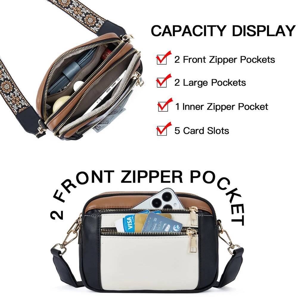 Stylish Wide Shoulder Bag Women's Multiple Pockets Faux Leather Crossbody Bags Adjustable Strap Travel Handbag Purse high-quality