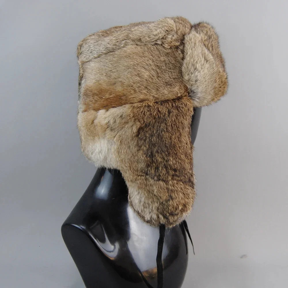 Mens Caps Warm Natural Rabbit Fur Bomber Hat With Earflaps Winter Unisex Warm Russian Ushanka Hat Real Rabbit Fur Hats 250929