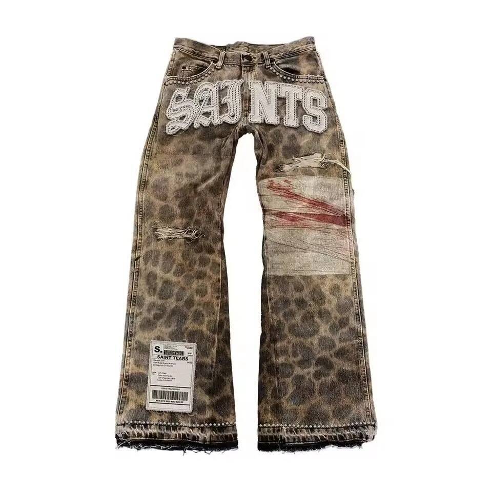 American Retro Camouflage Leopard Y2K Mens Womens Hip Hop Letters Patch Embroidery Baggy Jeans Mid Waist Wide Leg Trousers dongdumaoyi
