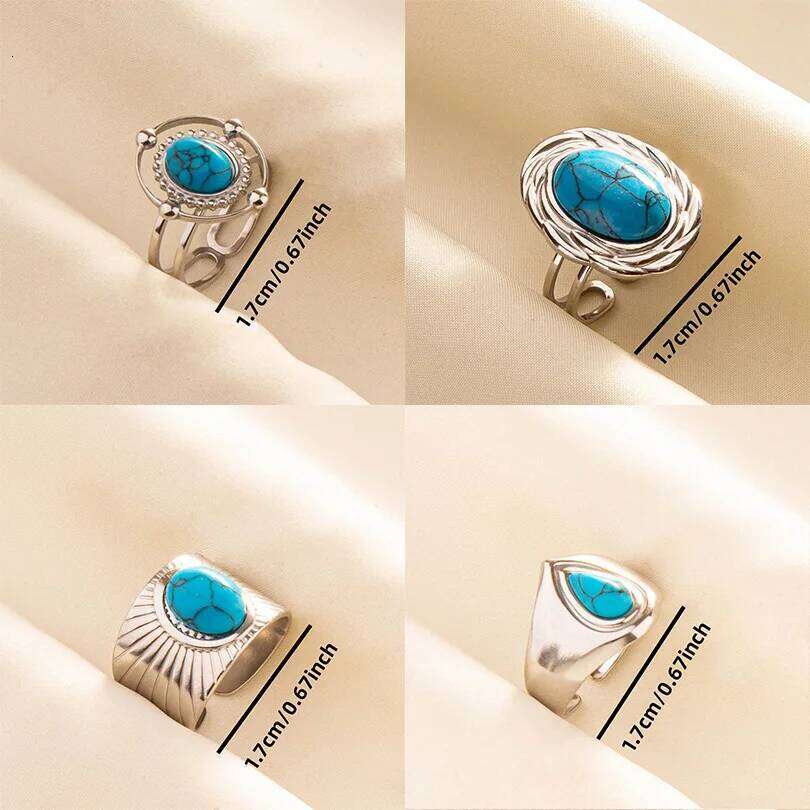 1pc Boho Turquoise Hippie Stainless Steel Blue Gemstone Sier Color Adjustable Ring Women Chunky Rings Bohemian Jewelry