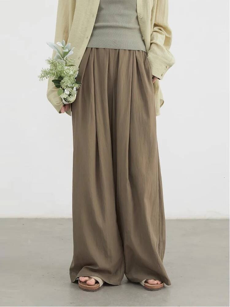 CHIC VEN Women Pants Solid Elastic Waist Loose High Waisted Casual Female Trouser Long Wide Leg Pant Spring Summer 2025 dongdumaoyi