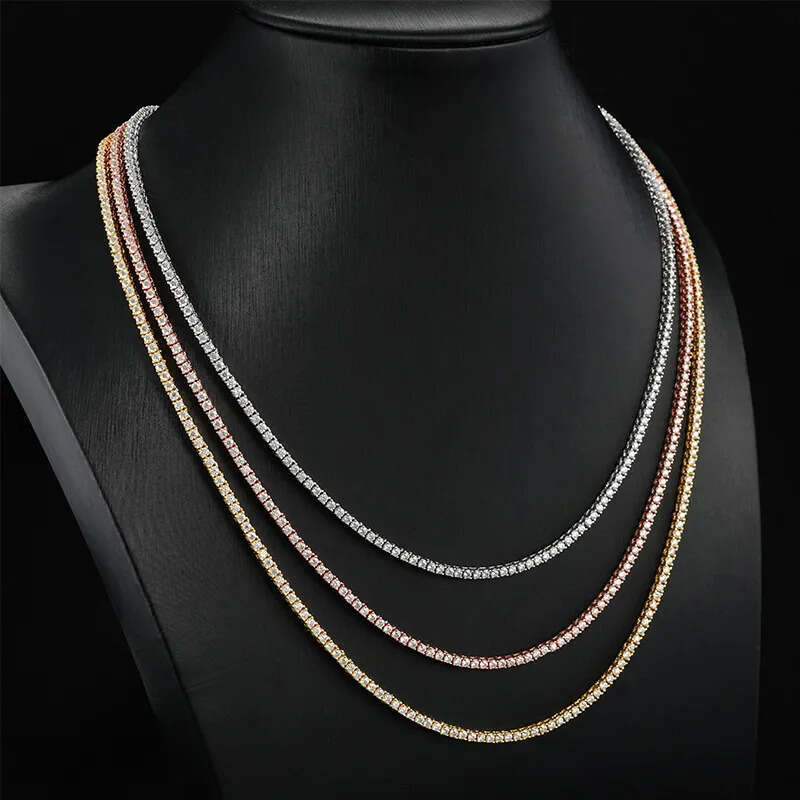 Pass Dia Tester VVS1 D Color Moissanite Chain For Women 2MM Wide Solid Sier Tennis Necklace Hip Hop Designer Jewelry Woman Valentines Day Christmas Gi