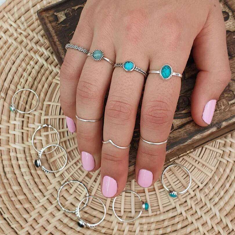 1pc Boho Turquoise Hippie Stainless Steel Blue Gemstone Sier Color Adjustable Ring Women Chunky Rings Bohemian Jewelry