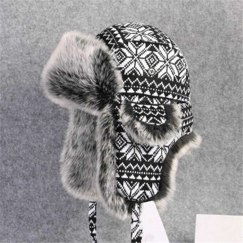 BUTTERMERE Russian Fur Hat Ushanka Black White Bomber Hats Male Female Ear Flaps Winter Thick Warm Knitting Outdoor Trapper Hat 250929