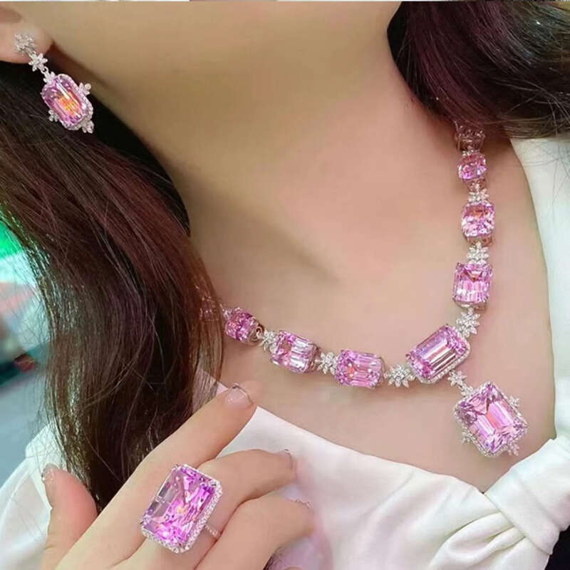 Choucong Brand Handmade Wedding Sets Jewelry Sterling Sier Princess Cut Pink Topaz Dia Necklace Party Open Ring Drop Earring Gift