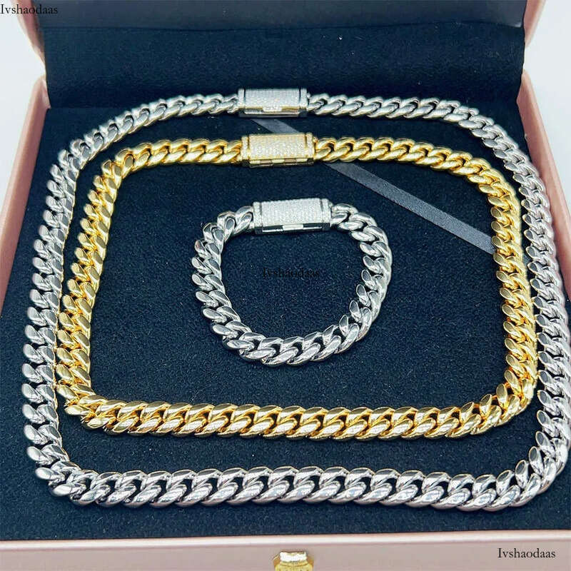Hot sale Miami chain Stainless steel sier moissanite lock high quality 10mm 12mm 14mm 18mm cuban necklace bracelet