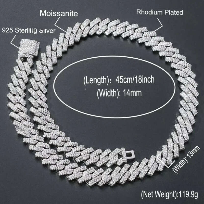 BES 14MM GRA Certificate Tester Sier Moissanite Jewelry Dia Cuban Link Chain Rapper Necklace Hip Hop