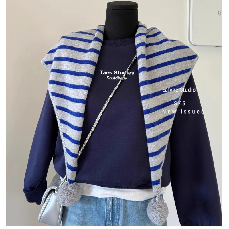 Cute Striped Triangle Scarf with Pom Women Autumn Winter Shawl Neck Warm Chic Scarves for Ladies Small Knit Triangular Scarf 250930