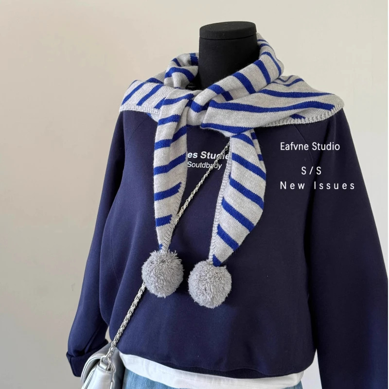 Cute Striped Triangle Scarf with Pom Women Autumn Winter Shawl Neck Warm Chic Scarves for Ladies Small Knit Triangular Scarf 250930