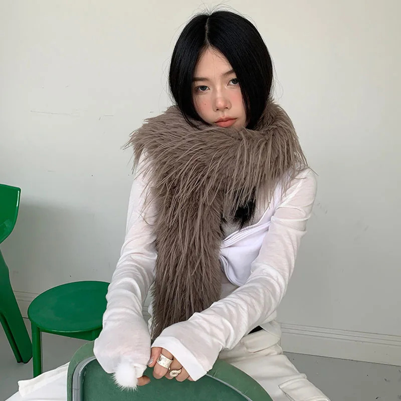 Brown Long Hair Scarf Solid Color Plush Shawl Winter Warm Thickened Tassel Shawl Fur Scarves Warp Women Year Gift 250930
