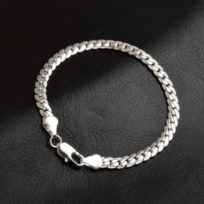 Sterling Sier Bracelet 6mm 18/20cm Flat Side Chain Lobster Clasp For Woman Man Wedding Engagement Jewelry