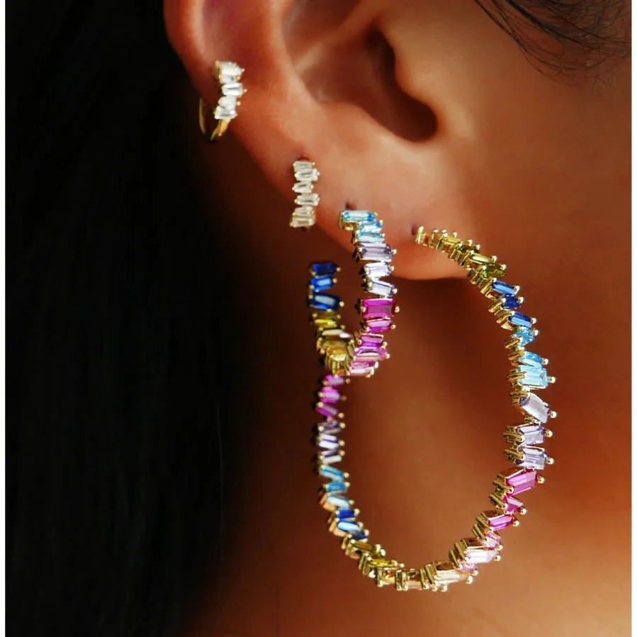 Rainbow colorful cz hoop earring gold color classic gorgeous european fashion huggie jewelry for women 250930
