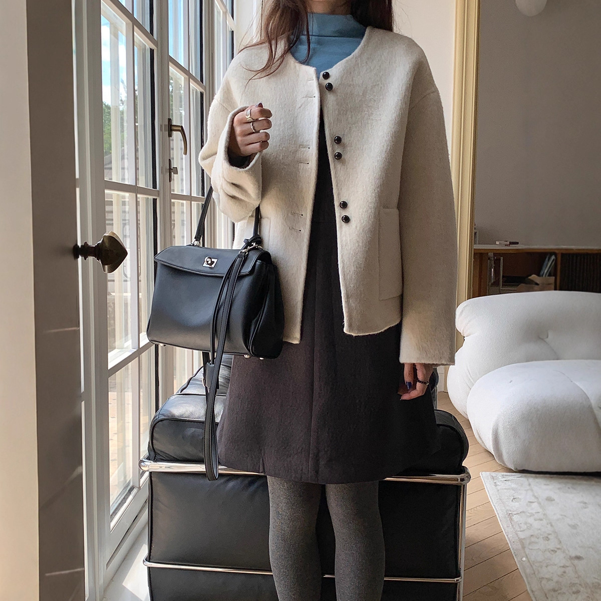 2025 women's wool round neck double-sided wool coat autumn and winter new Korean style designer jacket autumn coarse wool luxury short jacket jac