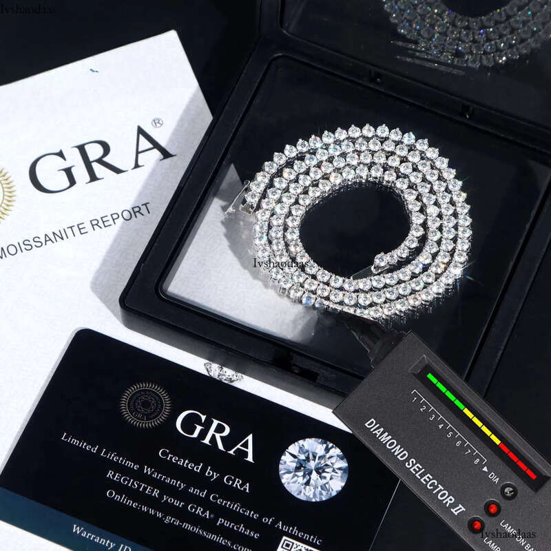 Hip Hop Necklace Pass Dia Tester 3mm GRA VVS Moissanite Iced Out 3Prong Mossanite Tennis Link Chain