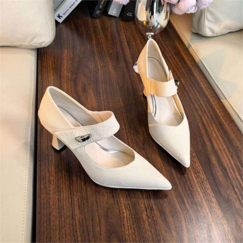 2025 Autumn New French Style Pointed Toe Fashion Color Block High heels Women Shallow Mouth Designer Shoe heelegant Chunky heel Soft Leather Single Sh