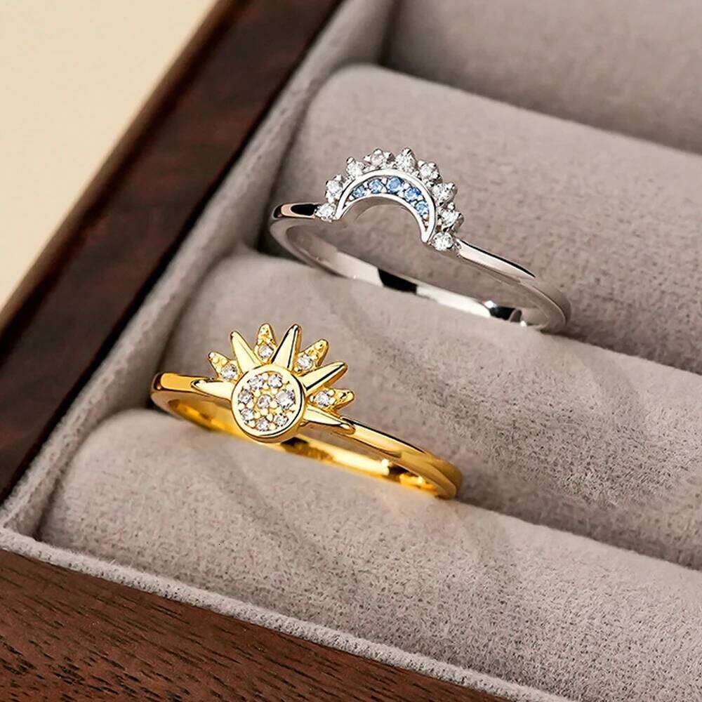 Sier Sun and Moon Couple Ring Set Sky Blue Sparkling Cubic Zirconia Rings Promise Fine Jewelry Gifts for Valentines Day