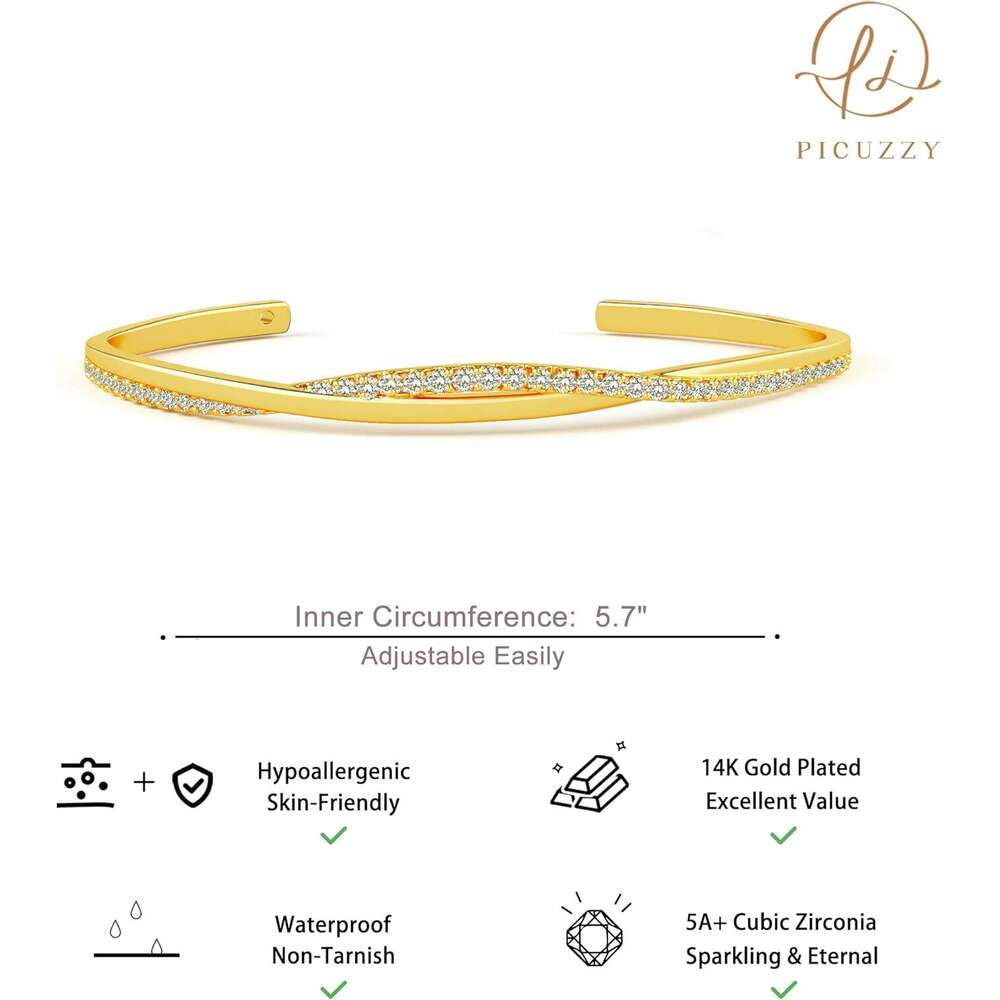 Cuff Trendy, 14k Plated/Sier Bangle Bracelets Dainty Gold Bangles Cubic Zirconia Adjustable Wave Bracelet Fashion Jewelry Gift for Women Teen Girl
