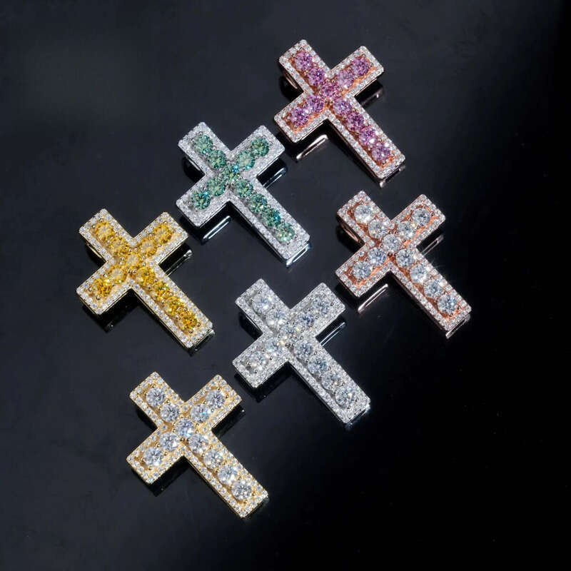 Hot Sale RTS Colorful Cross Sterling Sier Gold Plated Pass Dia Tester Moissanite Pendant