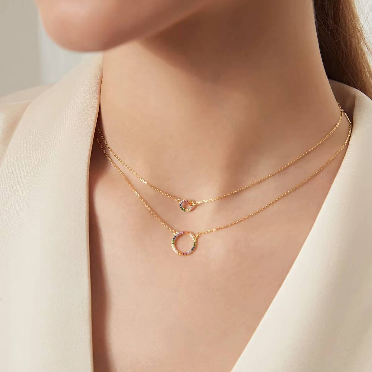 Summer Rainbow Fine Jewelry S925 Gold Plated Multi Colors Short Layered Moissanite Colorful Hollow Circle Pendant Necklace for Women