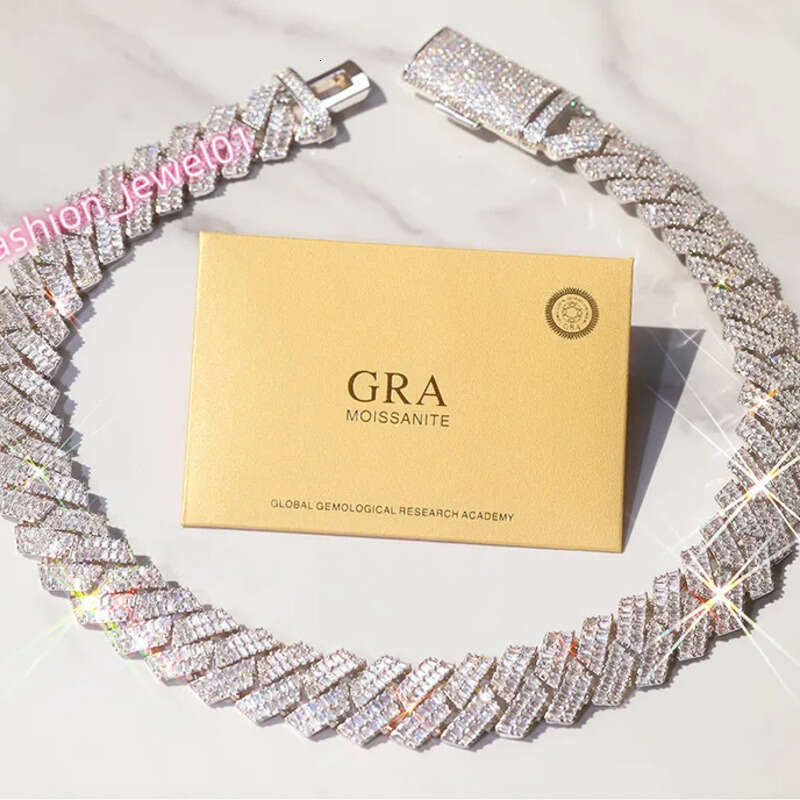 GRA Baguettes Moissanite Dia 20mm Wide Solid Sier With Cuban Link Chain for Mens Rapper Hip Hop Necklace