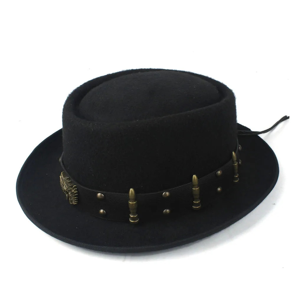 Pork Pie Hat for Men Women with Punk Belt Fashion Wool Fedora Trilby Fascinator Hat Pop Church Hat Size 58CM 250930