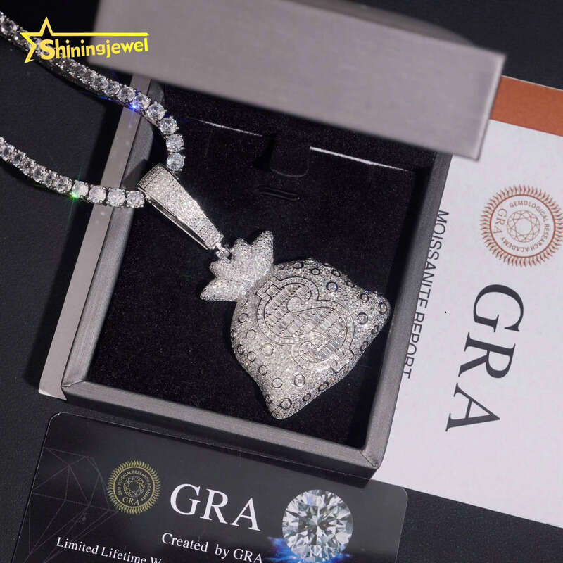 Solid Back Hip Hop Jewelry Money Bag Custom Iced Out Fashion Sier VVS Moissanite Baguette Dia Wealthy Pendant