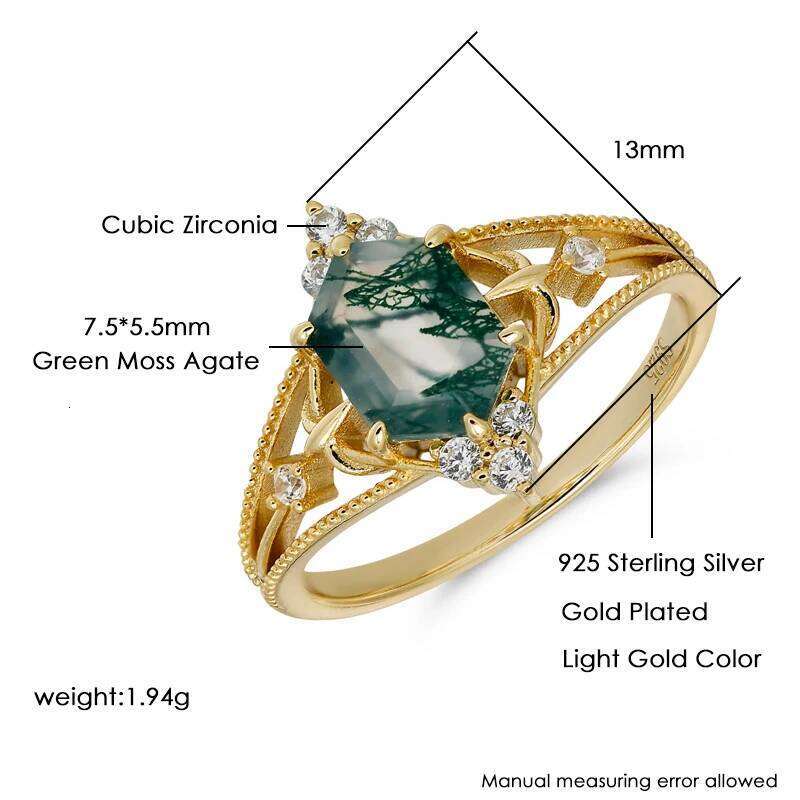 LAMOON Green Moss Agate Ring For Women New Princess Cut Natrual Gemstone Sterling Sier Gold Plated Fine Jewelry Party Gift