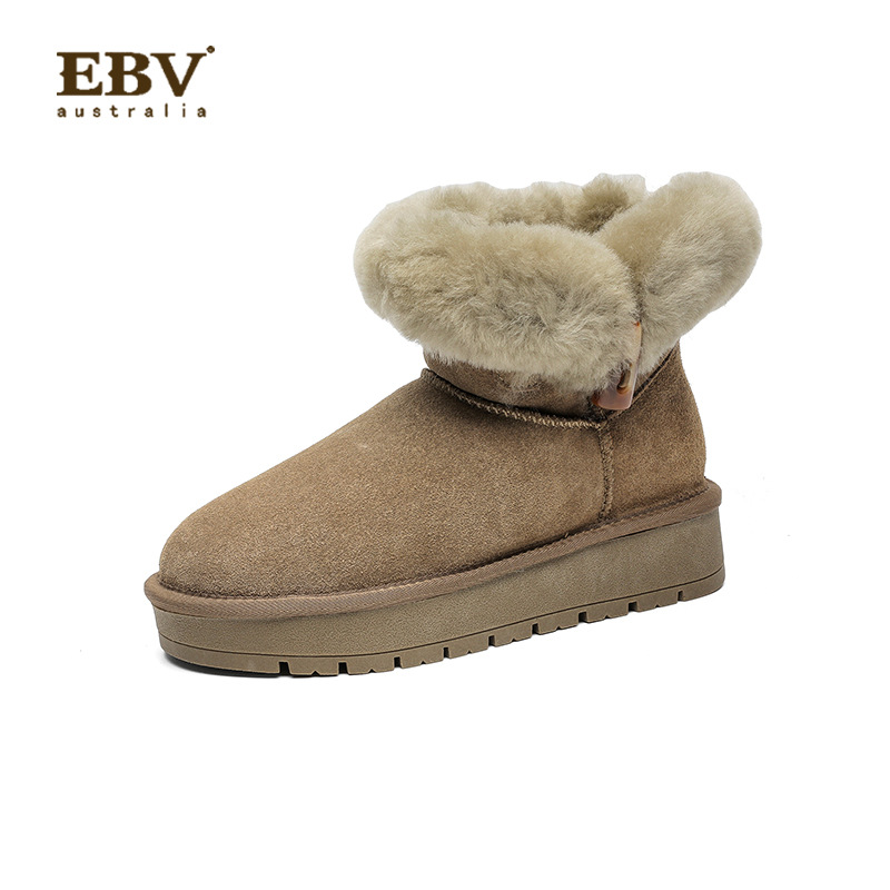 EBV designer shoes hot free shipping High quality Sheepskin fur on Leather thick soled snow boots for women horn button keep warm winter cotton shoes 
