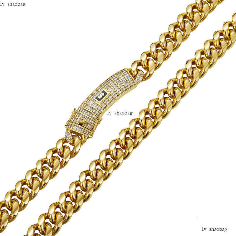 6-14mm Solid Stainless Steel Miami Cuban Chain Necklace Bracelets T Zircon Long Clasp 14K Gold Plated Jewelry
