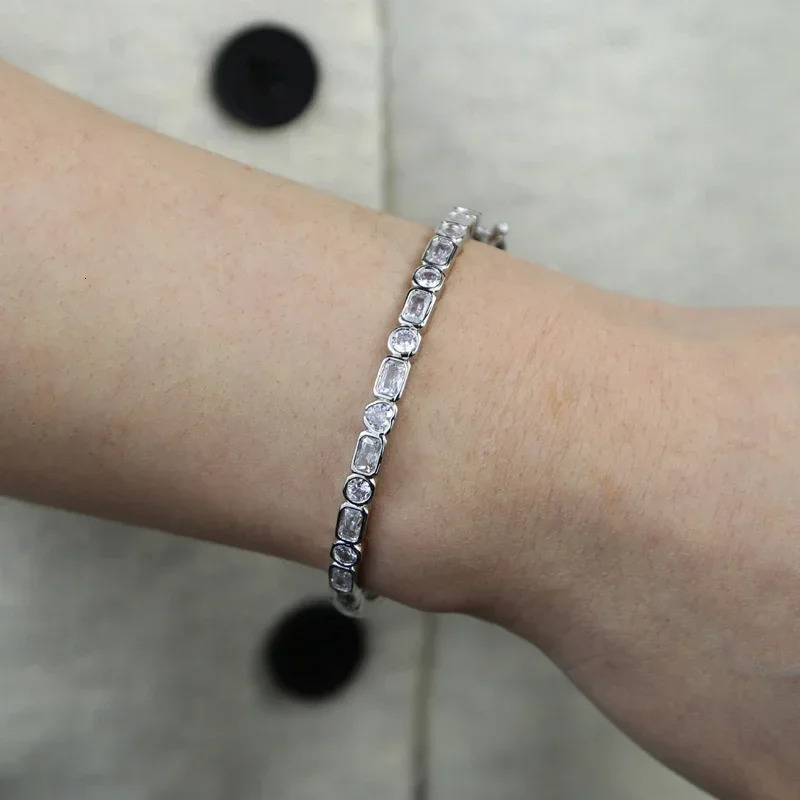 Valentines Day Gift Bezel Set Geometric 5A Heart Round Rectangle Cz Charm Bangle Bracelet Women Lady Wedding Jewelry 250930