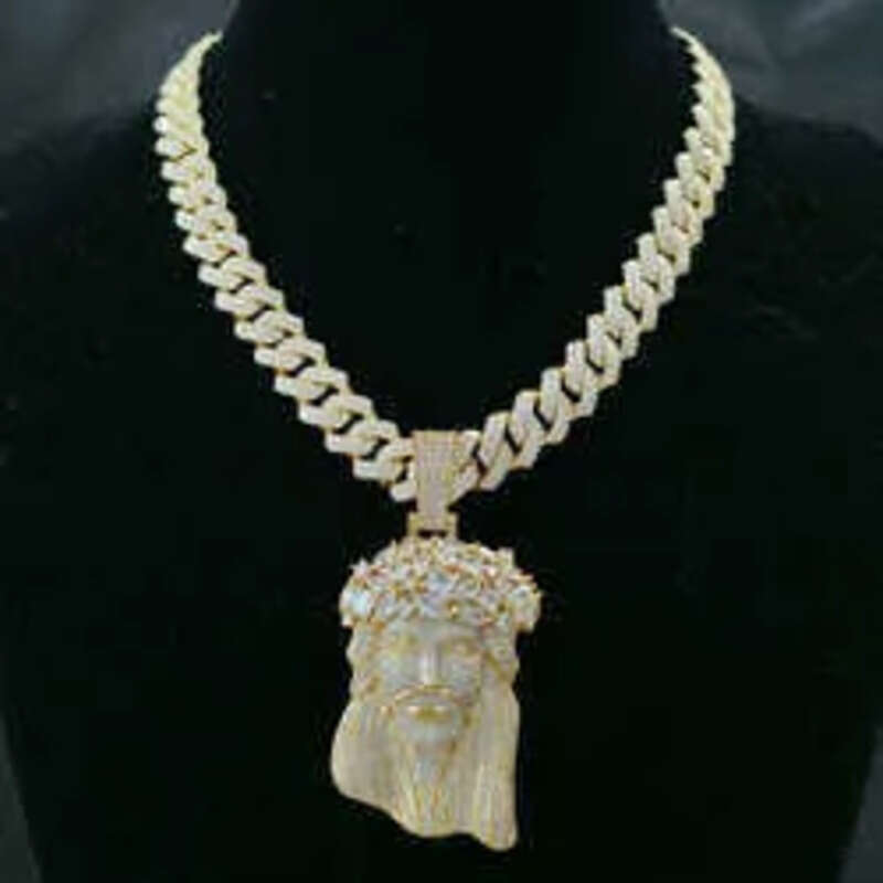 necklace moissanite chain Jesus Pendant with 13mm Moissanite Cuban Chain Necklace Hip Hop Jewelry for Men Gift