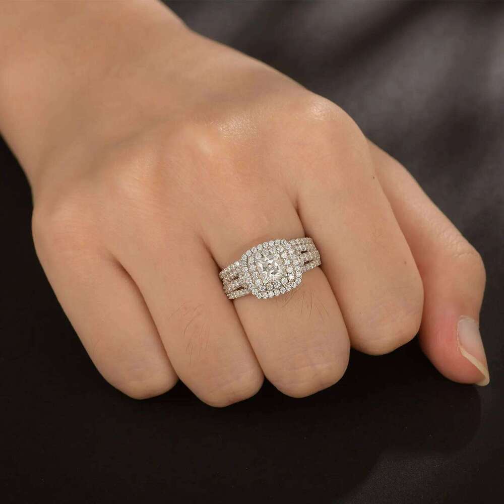 Newshe Certified Moissanite Weddings Ring Set for Women Sterling Sier Halo Princess Cut Elegant Jewelry