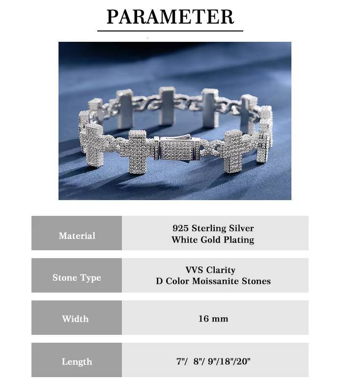 Luster Holy White Gold Plated 925 Sterling Silver Metal 16mm Cross Link Moissanite Cuban Bracelet
