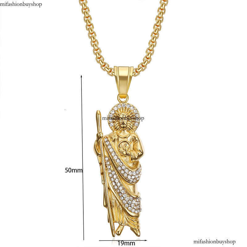 Hip Hop St.Jude Pendant Necklace Full Zircon 316L Stainless Steel Gold Plated Mens Jewelry