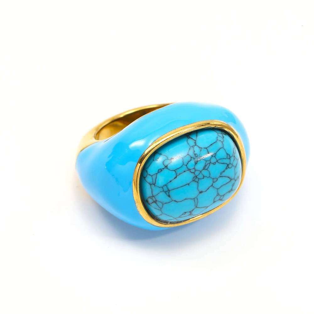 Natural Gemstone Enamel for Women Gold Plated Stainless Steel Statement Ring Wholesale