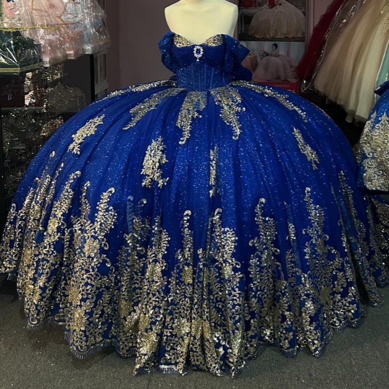 Royal Blue Shiny Quinceanera Dresses Off The Shoulder Gold Applique Lace Bow Beading Crystal Tull Party Birthday Sweet 16 Dress Vestidos 15 De Anos