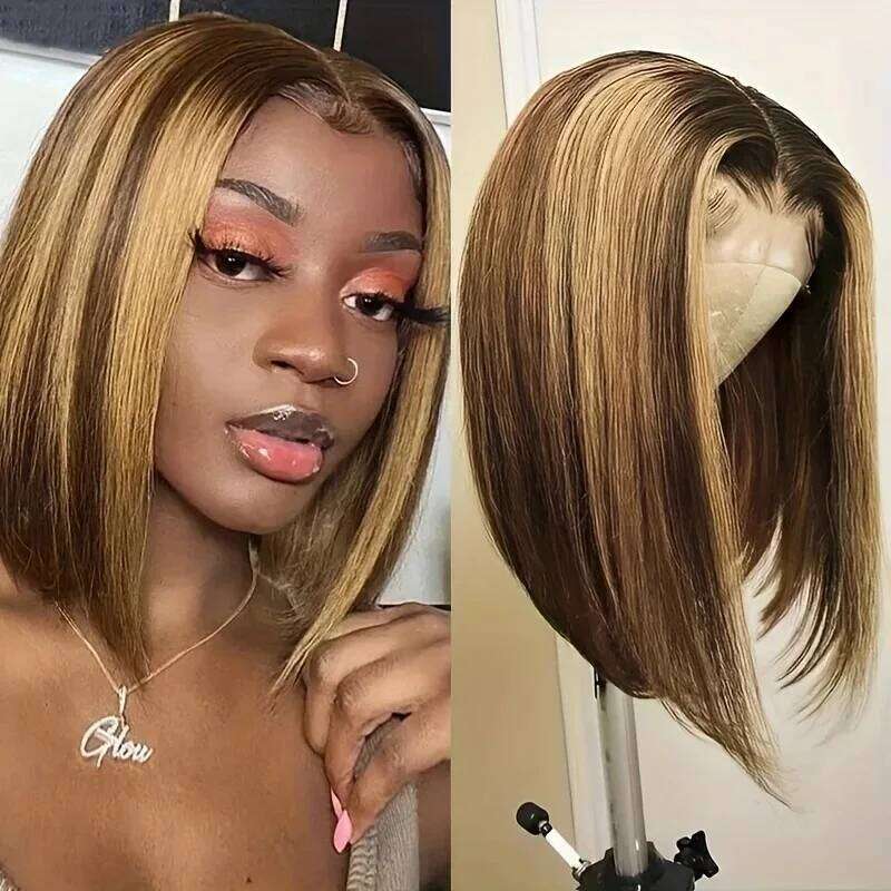210% 4/27 HD Straight Short Highlight Bob Ombre Blond Human Hair Wigs 4X4x1 Lace Closure Wig Xiusiyuan2510