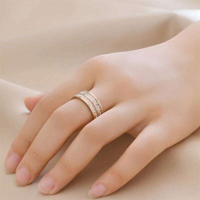 Gold Color Single Double Row Square Zircon Stainless Steel Ring For Women Romantic Engagement Wedding Party Jewelry Gifts