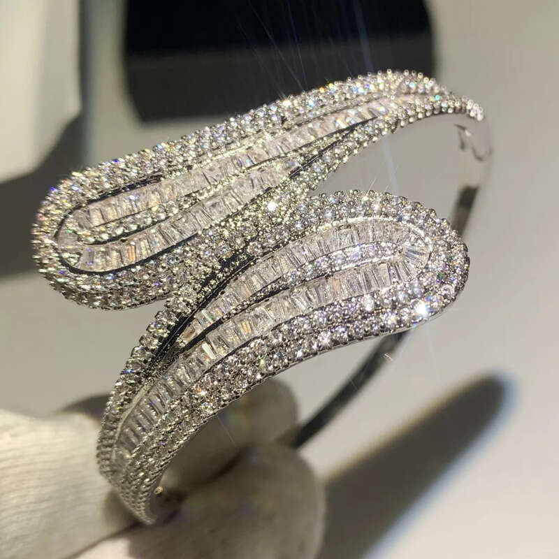 Handmade Jewelry Sterling Sier T Shape White Clear Topaz CZ Dia Eternity Cross Bangle Women Wedding Wrist Bracelet Gift
