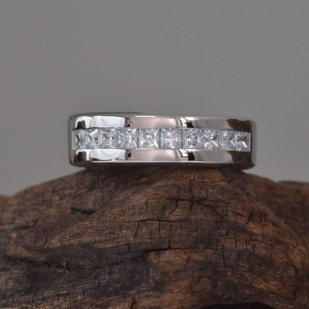Newshe Sterling Sier Moissanite Mens Wedding Band Half Eternity Princess Cut Lab Created Dia Ring Jewelry