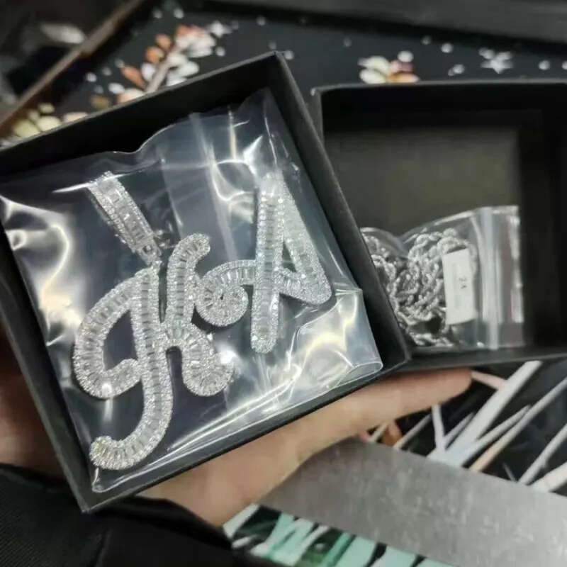 New Trendy Gold Plated Shiny CZ Stone DIY Custom Name Cursive Letter Pendant Necklace With 24inch Rope Chain