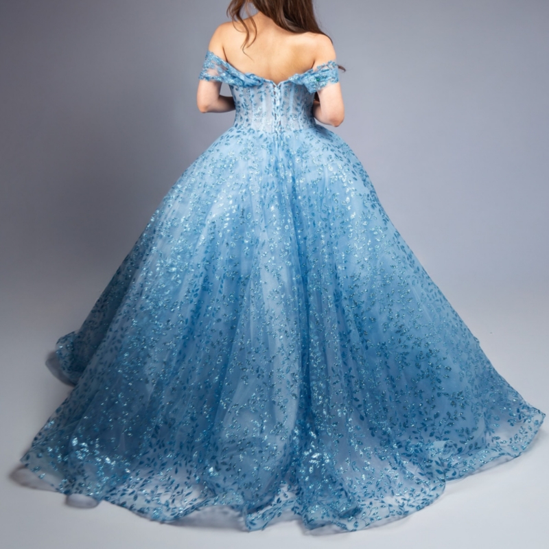 Aqua Blue Shiny Quinceanera Dresses Off The Shoulder Sequin Applique Lace Beads Tull Party Birthday Sweet 16 Dress Vestidos 15 De Anos